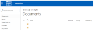 An image showing the NHS England OneDrive. It has a blue top banner with NHS England logo in the top left.